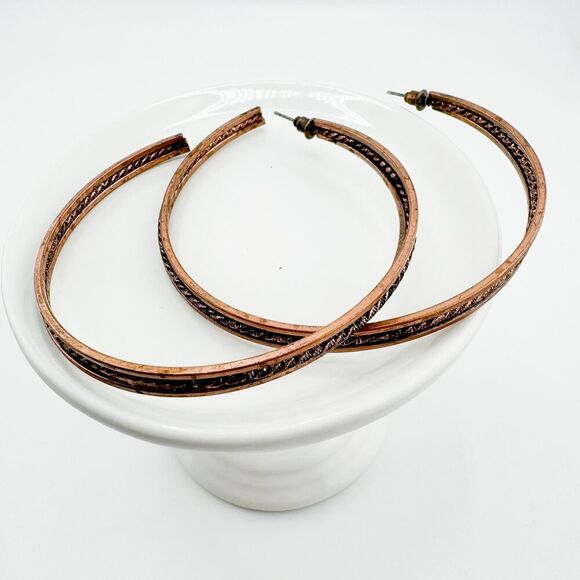 Vintage Large Copper Hoop Earrings Brutalist Statement Filigree Southwestern - Picture 9 of 10